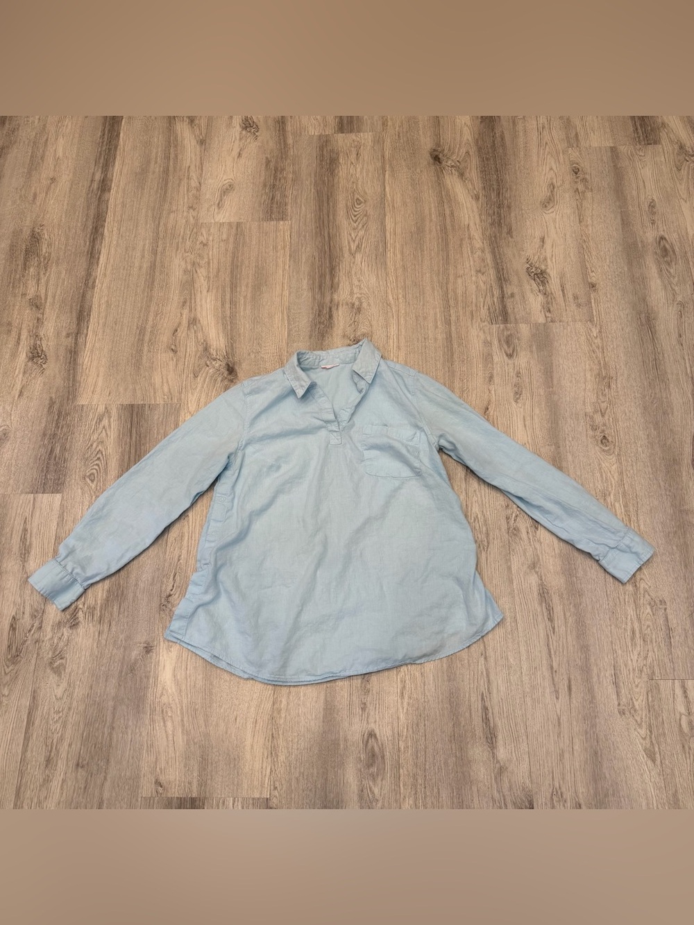 Light Blue Linen Blend Popover Blouse Relaxed Long Sleeve Shirt 55% Linen